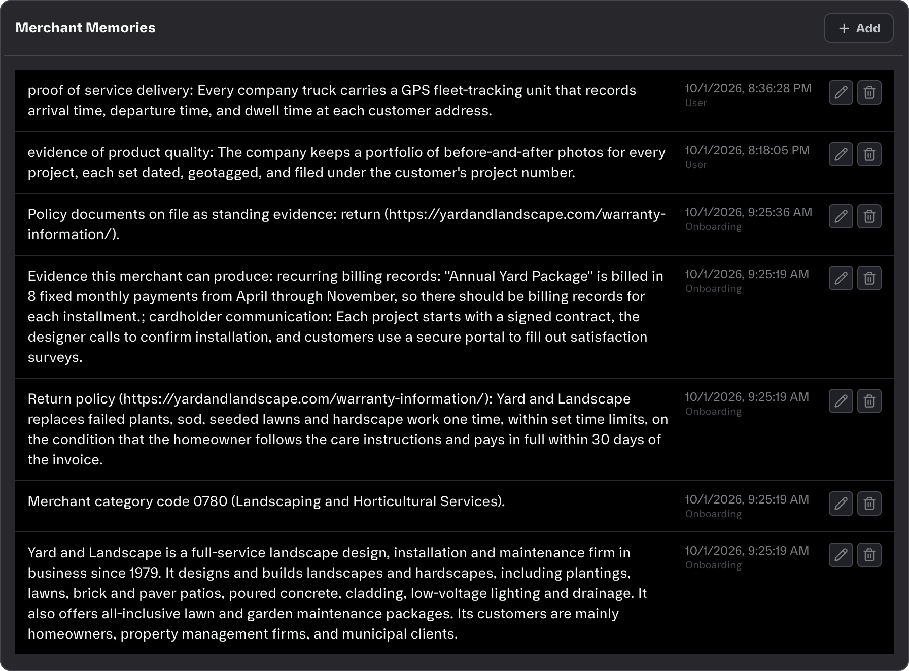 The Merchant Memories list in Findustry AI Settings, showing memories added during onboarding and by a user, each with edit and delete controls